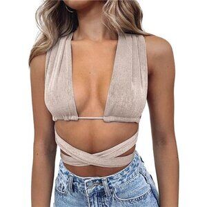 Beige Multi Way Wrap Halter Crop Top Backless Sexy Cutout Bandage‎ Y2K Top